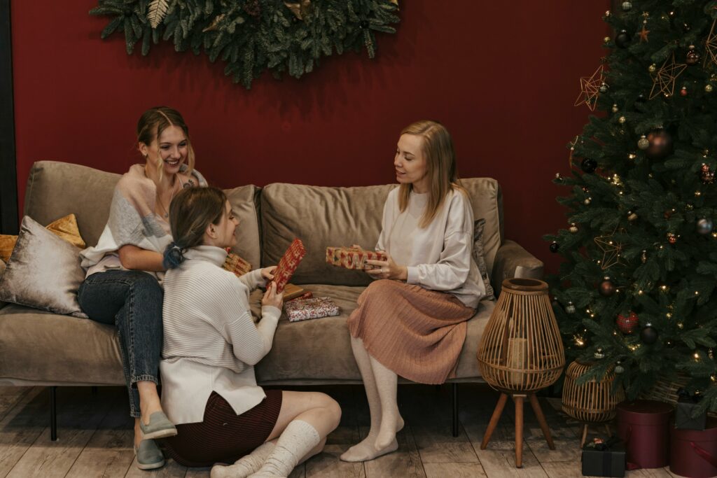Teenagers celebrating Christmas over their step grandparents house.